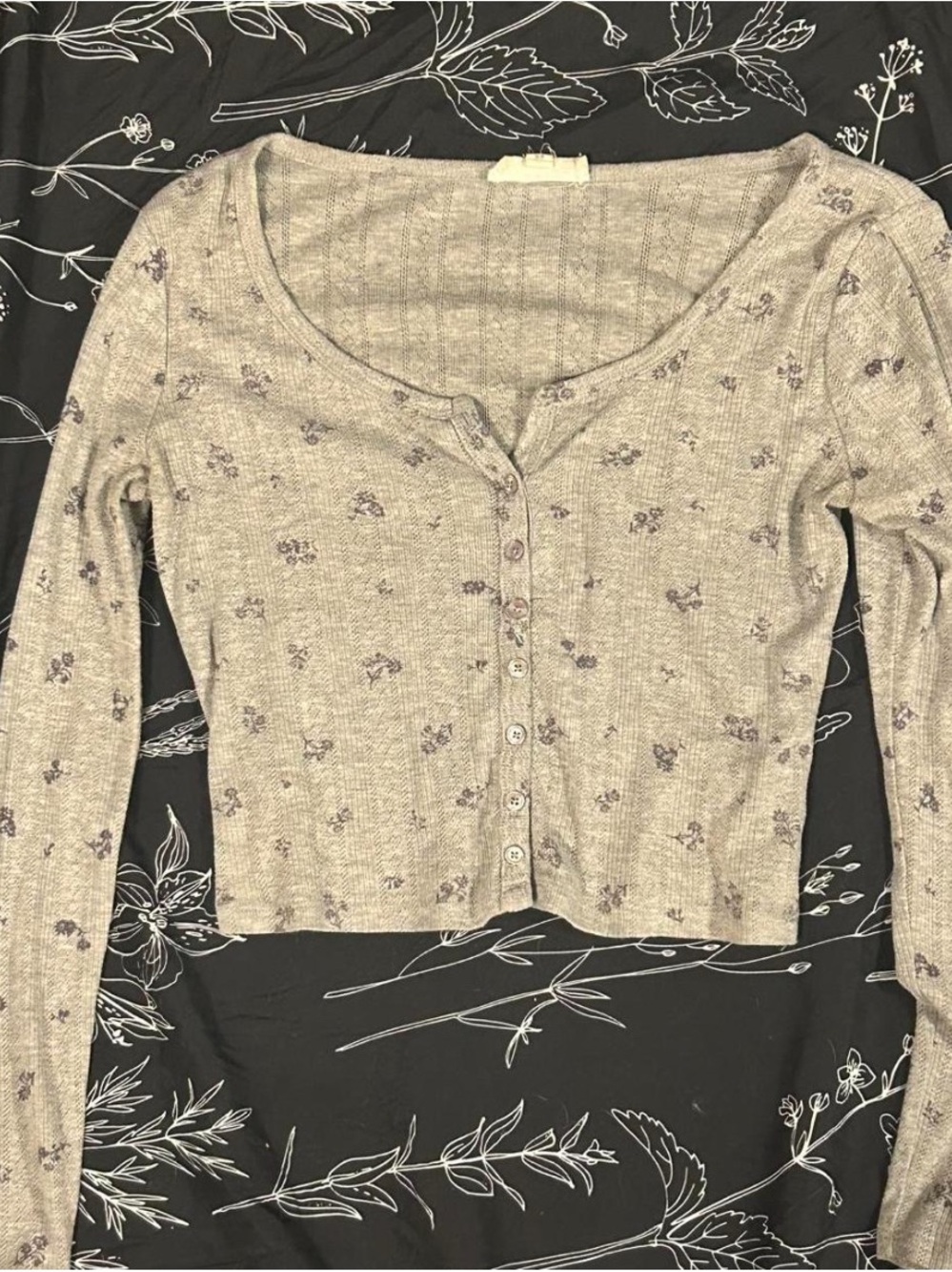Pink Rose Taupe Ribbed Floral Button-Up Crop Top